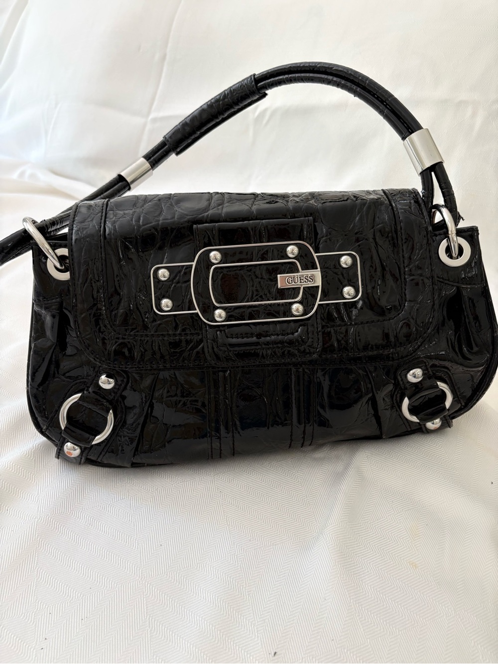 GUESS Black Patent Croc-Embossed Top-Handle Bag